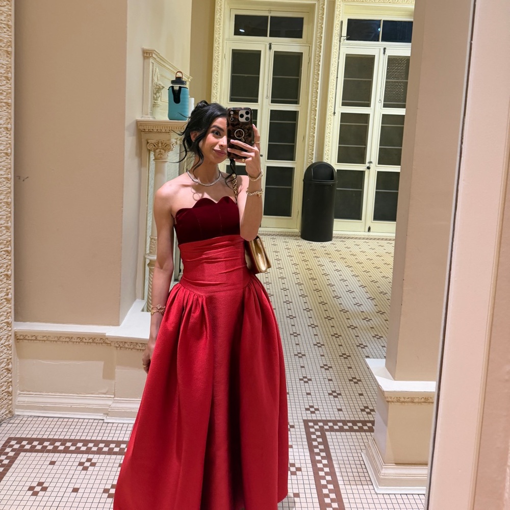 Strapless Red Maxi Dress with Scalloped Bodice - Picture 6 of 9